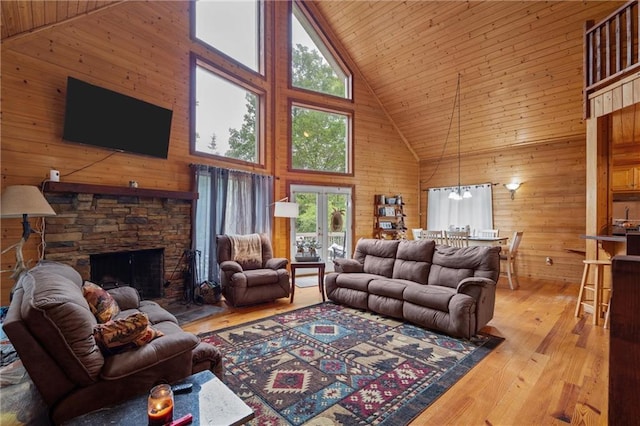 1182 Cedar Rd, Lincolnton, GA 30817 - living room with high vaulted ceiling, healthy amount of natural light, wood walls, a stone fireplace, and wood ceiling