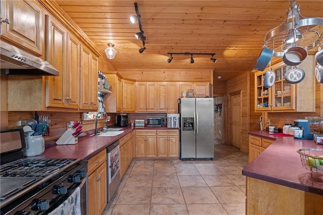 1182 Cedar Rd, Lincolnton, GA 30817 - kitchen with stainless steel appliances, rail lighting, a sink, wood walls, and range hood