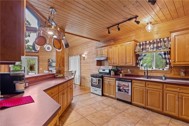 1182 Cedar Rd, Lincolnton, GA 30817 - kitchen featuring appliances with stainless steel finishes, under cabinet range hood, track lighting, wood walls, and wooden ceiling