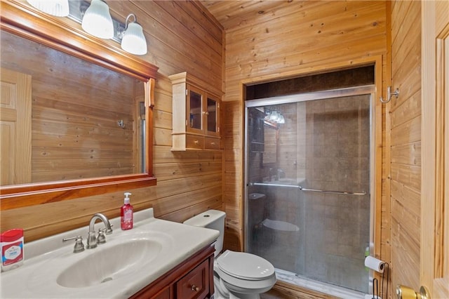 1182 Cedar Rd, Lincolnton, GA 30817 - full bathroom featuring wood walls, vanity, a shower stall, and toilet