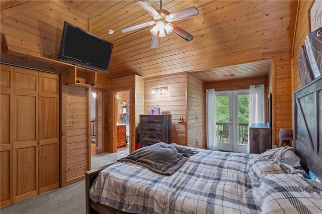 1182 Cedar Rd, Lincolnton, GA 30817 - bedroom with wood walls, wooden ceiling, and light colored carpet