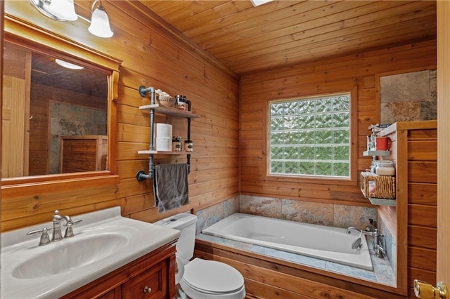 1182 Cedar Rd, Lincolnton, GA 30817 - full bath with a bath, wooden ceiling, vanity, toilet, and wooden walls