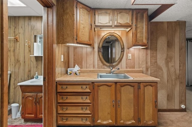 bathroom with vanity and wooden walls