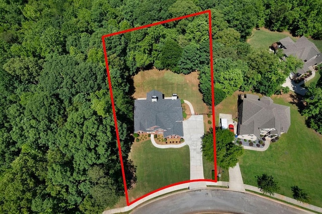 7251 Bluewater Ln, Douglasville, GA 30135 - aerial overview of property's location with a heavily wooded area and property boundaries highlighted