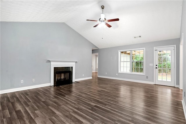 285 Kentshire Pl, Lawrenceville, GA 30044 - unfurnished living room with a ceiling fan, dark wood-style flooring, a high end fireplace, baseboards, and high vaulted ceiling