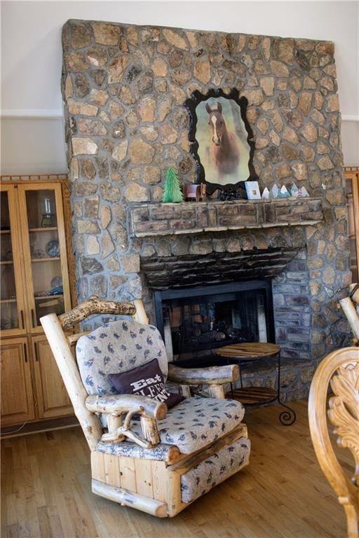 room details featuring a stone fireplace and hardwood / wood-style flooring