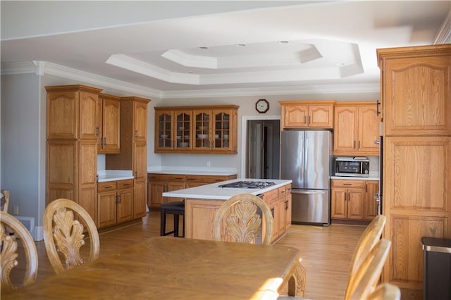 kitchen featuring a kitchen bar, stainless steel appliances, a raised ceiling, light hardwood / wood-style flooring, and a center island