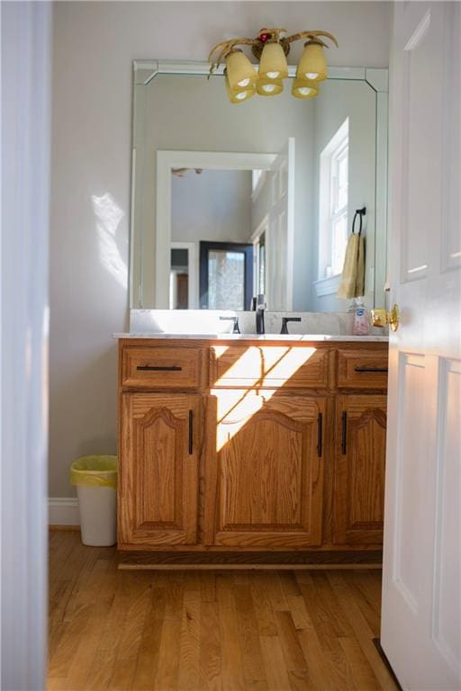 bathroom with hardwood / wood-style floors and vanity