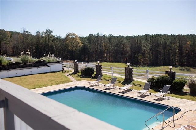 view of swimming pool featuring a patio and a lawn