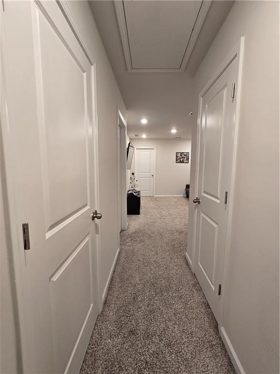 1702 Villageside Ct, Lawrenceville, GA 30043 - corridor with attic access, baseboards, carpet floors, and recessed lighting