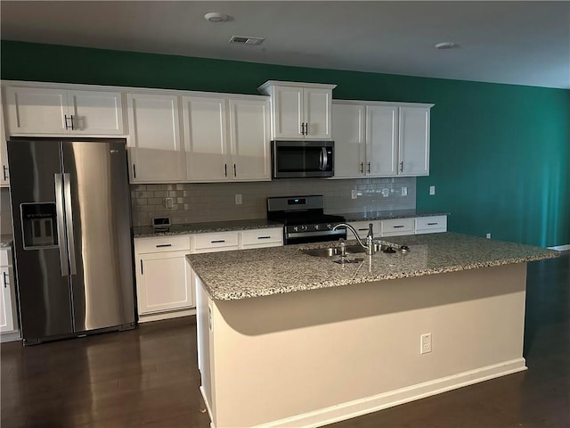 kitchen featuring white cabinetry, sink, a kitchen island with sink, and appliances with stainless steel finishes