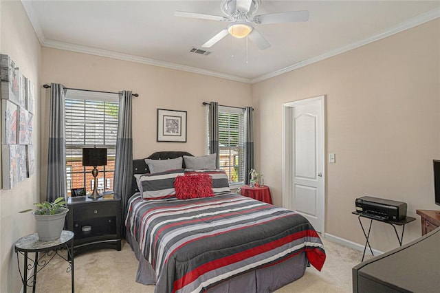 carpeted bedroom with crown molding, visible vents, and multiple windows