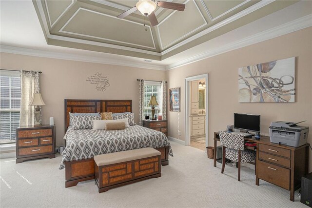 bedroom with crown molding, carpet, ensuite bathroom, and a ceiling fan
