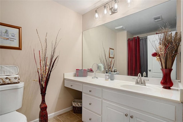 bathroom with toilet, baseboards, visible vents, tile patterned floors, and vanity