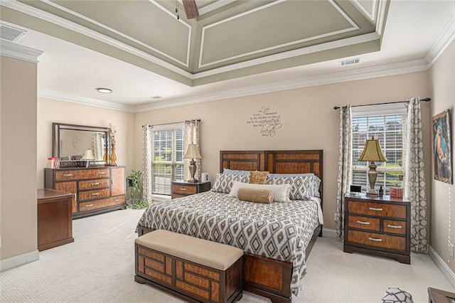 carpeted bedroom with ornamental molding, baseboards, and visible vents