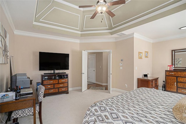 bedroom with crown molding, visible vents, baseboards, and carpet floors