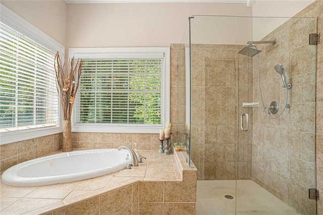 full bath featuring a stall shower, a wealth of natural light, and a garden tub