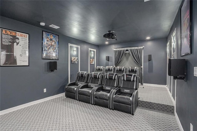 home theater room with carpet flooring, visible vents, baseboards, and recessed lighting