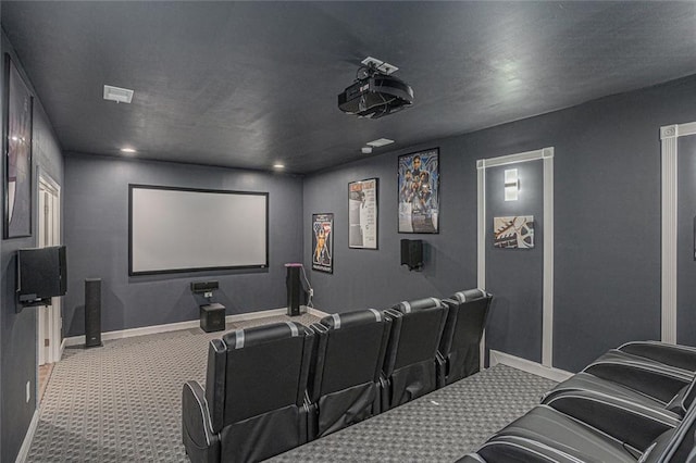home theater room with carpet flooring, baseboards, and recessed lighting
