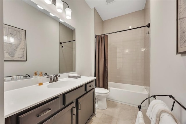 full bathroom with toilet, shower / tub combo with curtain, vanity, and tile patterned flooring