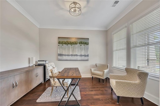office area with ornamental molding, dark wood-style flooring, and baseboards