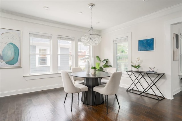 dining room featuring baseboards, dark wood-style flooring, and ornamental molding