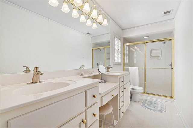 bathroom featuring a stall shower, tile patterned floors, a sink, and double vanity