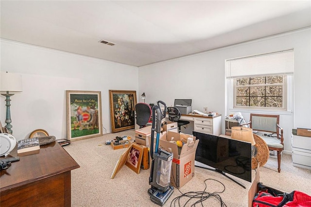 office area with carpet and visible vents