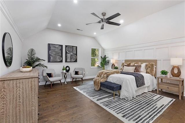 bedroom with ceiling fan, dark hardwood / wood-style flooring, lofted ceiling, and crown molding