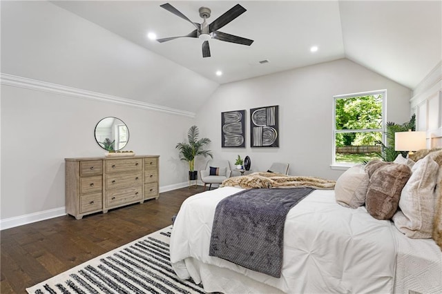 bedroom featuring lofted ceiling, ceiling fan, and dark hardwood / wood-style flooring