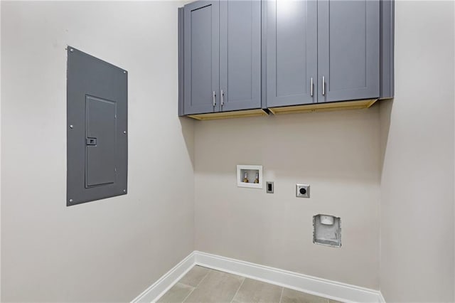 laundry area with electric panel, cabinets, hookup for an electric dryer, and washer hookup