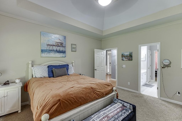 1045 Legacy Walk, Woodstock, GA 30189 - bedroom with light colored carpet, a raised ceiling, baseboards, and ornamental molding