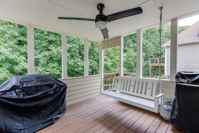 1045 Legacy Walk, Woodstock, GA 30189 - wooden terrace featuring a grill and ceiling fan