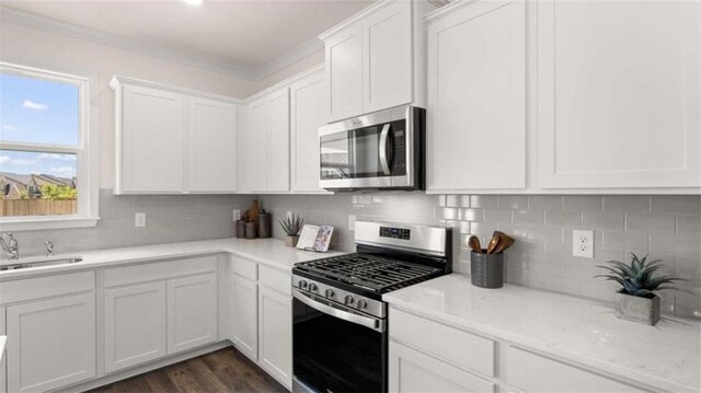 kitchen featuring ornamental molding, sink, dark hardwood / wood-style floors, appliances with stainless steel finishes, and white cabinets