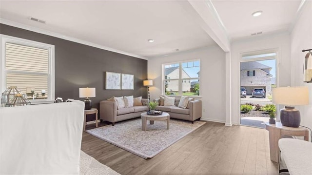 living room featuring light hardwood / wood-style flooring and beam ceiling