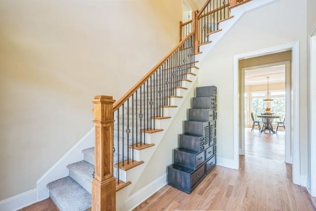 stairway with hardwood / wood-style flooring