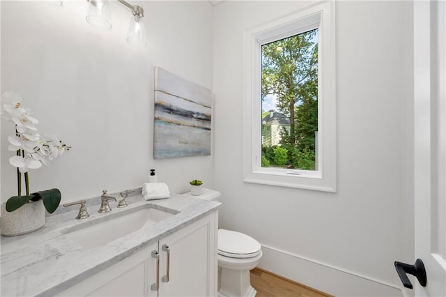 bathroom with hardwood / wood-style flooring, vanity, and toilet