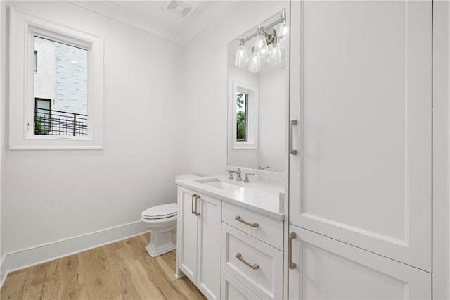 bathroom with vanity, toilet, and wood-type flooring