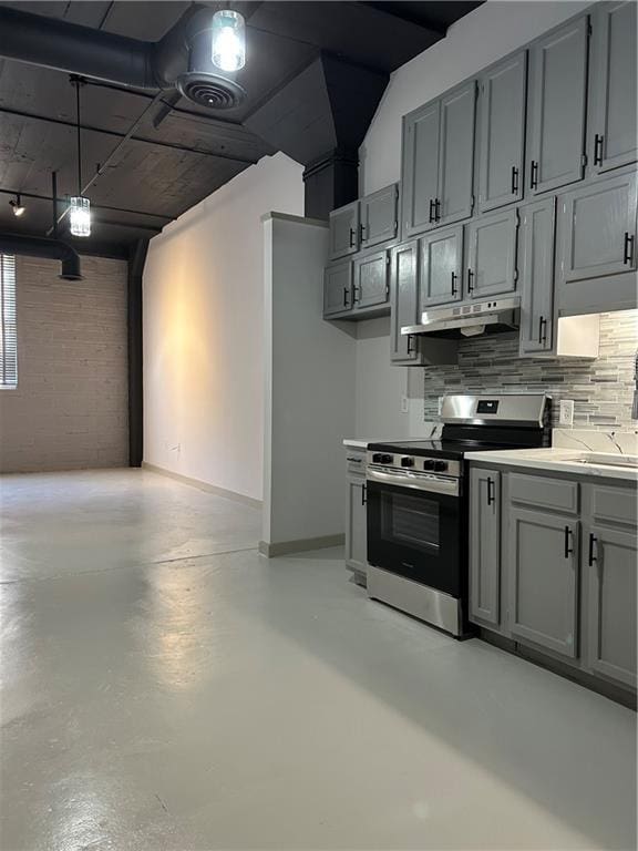 kitchen featuring backsplash, decorative light fixtures, stainless steel electric range, and gray cabinetry