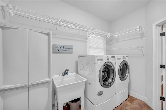 laundry room featuring independent washer and dryer, laundry area, a sink, and baseboards