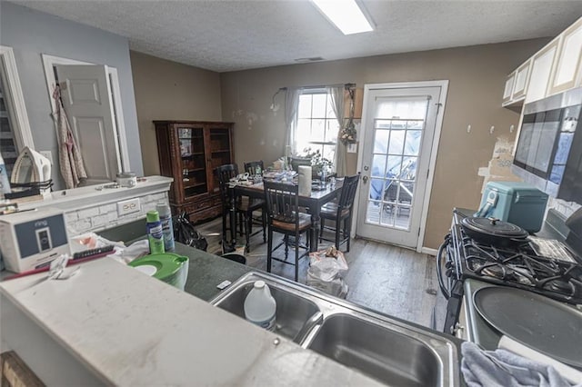 kitchen with white cabinetry, hardwood / wood-style flooring, a textured ceiling, and appliances with stainless steel finishes