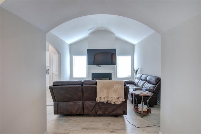 living room featuring light hardwood / wood-style floors and vaulted ceiling