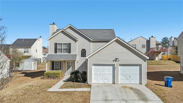 traditional-style home featuring a garage, a shingled roof, a chimney, and concrete driveway