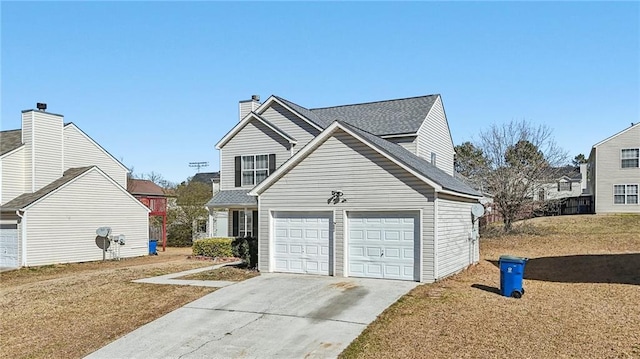 traditional home featuring a garage, driveway, a chimney, and a shingled roof