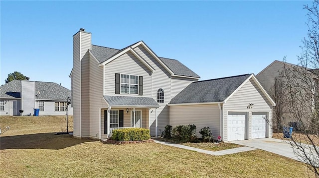 traditional home with an attached garage, a shingled roof, driveway, a chimney, and a front yard