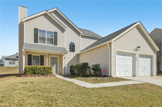 traditional home featuring roof with shingles, a chimney, a garage, driveway, and a front lawn