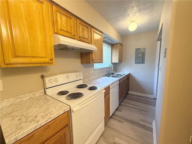 296 Country Club Dr, Jonesboro, GA 30238 - kitchen with white appliances, under cabinet range hood, a sink, electric panel, and a textured ceiling