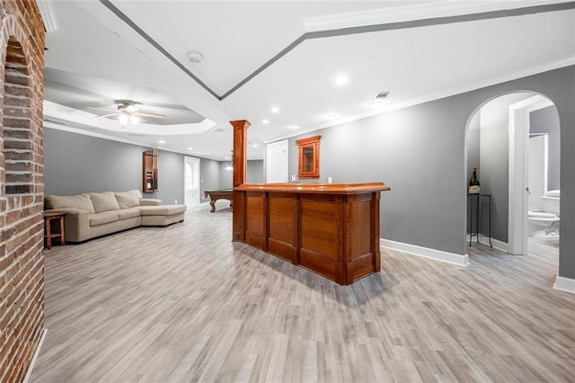 5196 Staverly Ln, Peachtree Corners, GA 30092 - indoor dry bar featuring arched walkways, baseboards, light wood finished floors, crown molding, and a ceiling fan