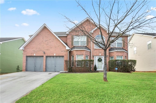 view of property with a garage and a front yard