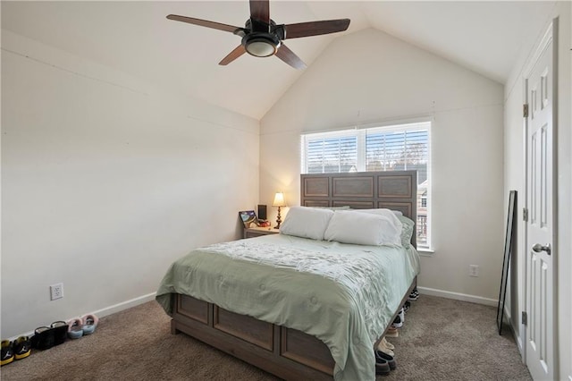 carpeted bedroom featuring ceiling fan and high vaulted ceiling